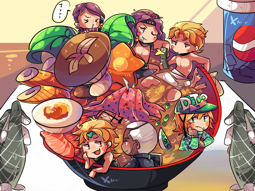 absurdres bad_id bad_pixiv_id blonde_hair blood blue_eyes bowl chibi closed_eyes cup diavolo diego_brando dio_brando drink drooling egg enrico_pucci food funny_valentine gloves hat headband highres in_bowl in_container in_food jojo_no_kimyou_na_bouken kars_(jojo) kira_yoshikage long_hair meat miniboy mushroom noodles pink_hair puckered_lips purple_hair ramen scary_monsters_(stand) stabbed steel_ball_run tail vinegar_doppio white_hair yellow_eyes ytr