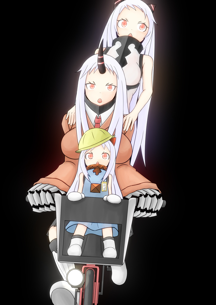 airfield_hime alternate_costume bicycle claws commentary_request ground_vehicle hat highres horns kantai_collection kindergarten_uniform long_hair mittens multiple_girls northern_ocean_hime pale_skin red_eyes riding school_uniform seaport_hime shinkaisei-kan susa white_hair