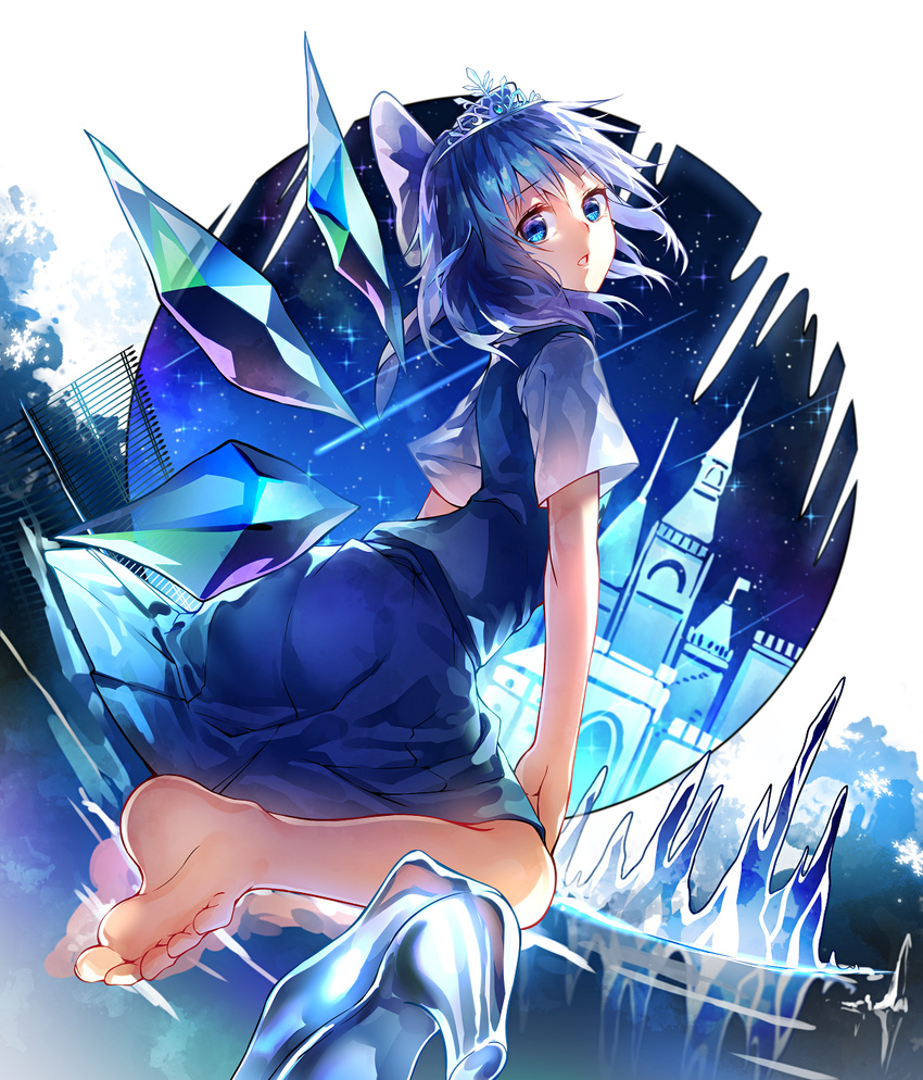 arched_back bangs barefoot blue blue_bow blue_eyes blue_hair blue_skirt blue_vest bow castle cinderella cirno feet fence glass_slipper hair_bow high_heels highres ice ice_shoes ice_wings looking_back reflection shoes_removed shooting_star short_hair sitting skirt sky snowflakes soles solo star_(sky) starry_sky tiara touhou uu_uu_zan vest wings