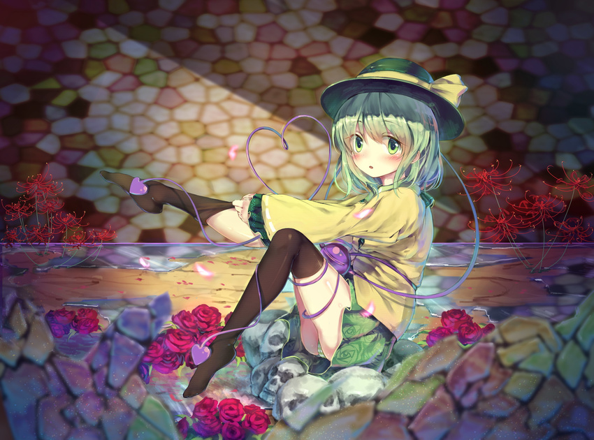 blurry chu_qing depth_of_field flower green_eyes green_hair green_panties hat heart heart_of_string highres komeiji_koishi mosaic_background over-kneehighs panties pantyshot pantyshot_(sitting) rose short_hair sitting skull sock_pull solo spider_lily striped striped_panties thighhighs third_eye touhou underwear