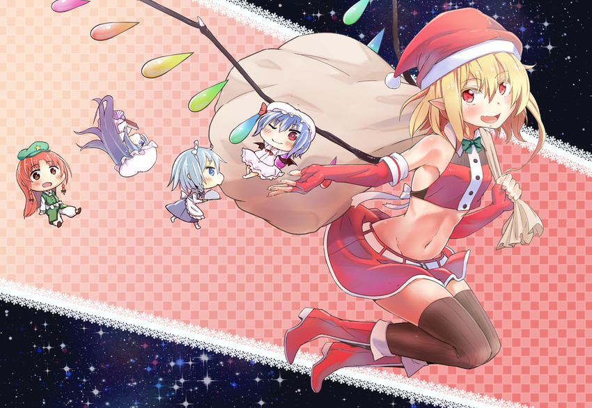 bag blonde_hair boots chibi christmas flandre_scarlet hat hong_meiling izayoi_sakuya liking long_hair midriff multiple_girls navel one_eye_closed open_mouth patchouli_knowledge purple_hair red_eyes red_hair remilia_scarlet santa_hat short_hair skirt sky star star_(sky) starry_sky thighhighs touhou upside-down wings zettai_ryouiki