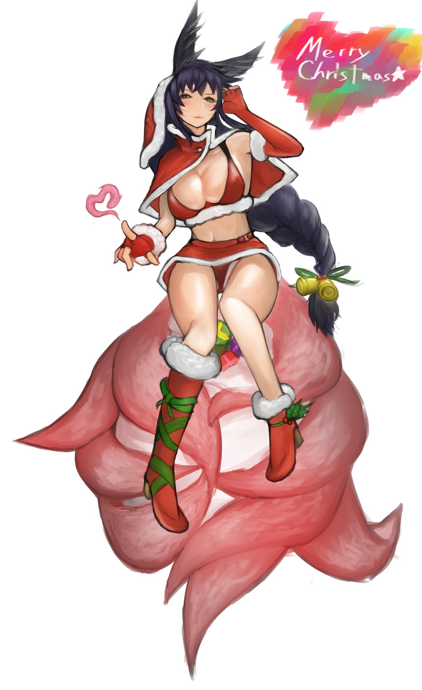 absurdres ahri animal_ears bangs bell bikini_top blue_hair boots braid breasts capelet cleavage elbow_gloves fingerless_gloves fox_ears fox_tail full_body fur-trimmed_boots fur_trim gloves hair_bell hair_ornament hand_to_head hat heart highres index_finger_raised large_breasts league_of_legends light_smile long_hair looking_at_viewer merry_christmas midriff miniskirt mismatched_footwear mismatched_gloves multiple_tails panties pantyshot red_footwear red_gloves red_skirt santa_boots santa_costume santa_hat shima_(akkirasetsu_op) shoes simple_background single_boot single_braid single_elbow_glove single_shoe skirt solo tail underwear very_long_hair whisker_markings white_background yellow_eyes