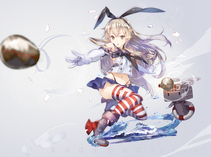 :o black_panties blonde_hair blurry bullet crop_top crop_top_overhang depth_of_field elbow_gloves gloves hairband highleg highleg_panties kantai_collection lifebuoy long_hair md5_mismatch midriff navel open_mouth panties rensouhou-chan shimakaze_(kantai_collection) skindentation solo striped striped_legwear thighhighs torn_clothes underwear yuugen