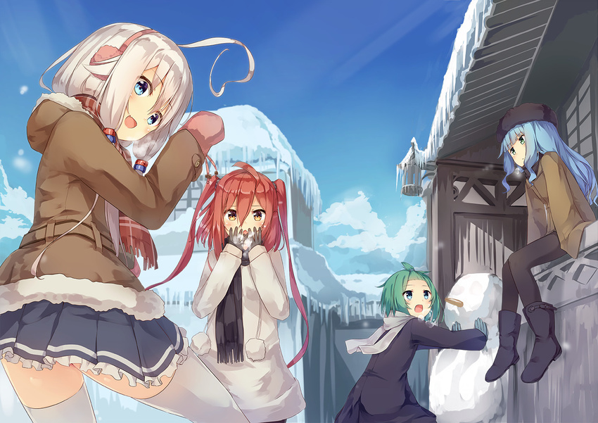 ahoge blue_eyes blue_hair blush breath carrot cover cover_page earmuffs green_eyes green_hair hair_between_eyes huge_ahoge icicle long_hair mittens multiple_girls open_mouth original red_hair ruma_imaginary scarf short_hair silver_hair skirt snowman thighhighs twintails white_legwear winter_clothes yellow_eyes