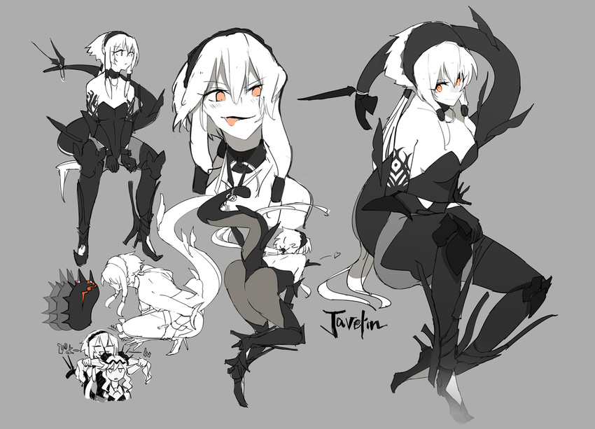 black_dress black_footwear blush boots character_sheet dress greaves javelin_(siirakannu) kantai_collection monochrome multiple_views orange_eyes original platform_footwear shinkaisei-kan siirakannu sketch smile tail tongue tongue_out twintails white_hair