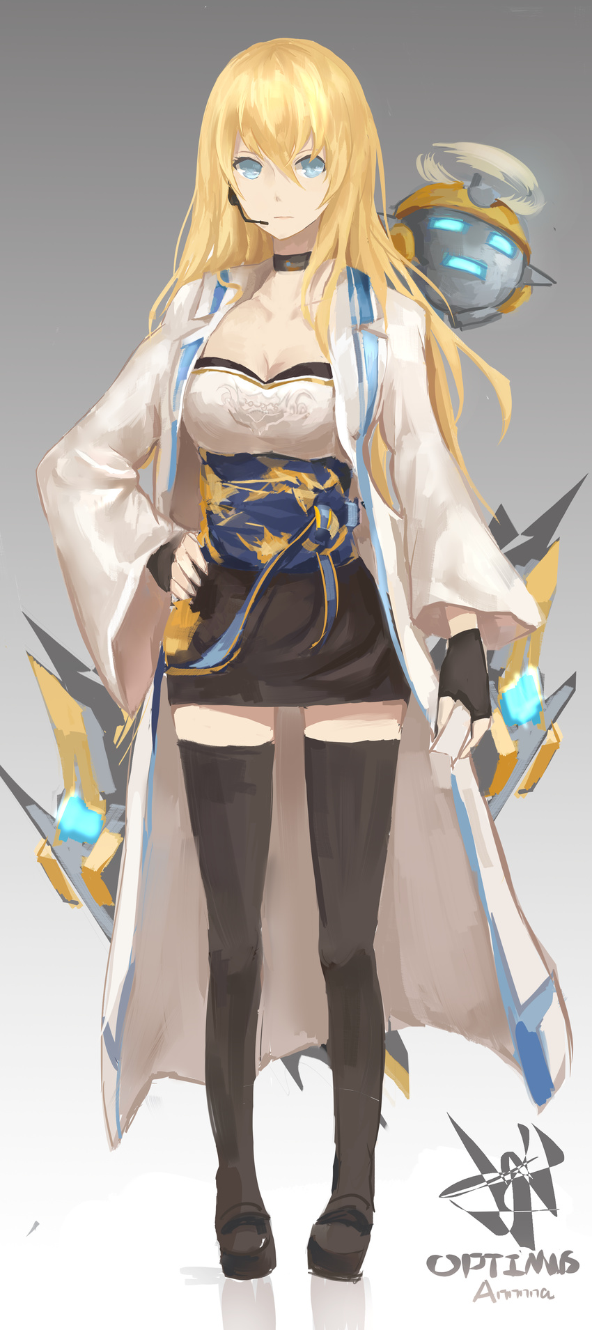 absurdres black_gloves black_legwear blonde_hair blue_eyes breasts cleavage dungeon_and_fighter female_gunner_(dungeon_and_fighter) female_mechanic_(dungeon_and_fighter) fingerless_gloves gloves hand_on_hip highres long_hair medium_breasts naemperor solo thighhighs