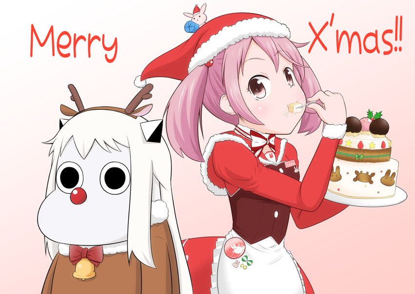 2girls alternate_costume antlers bell cake christmas commentary eating food fork hair_bobbles hair_ornament hat horns jingle_bell kantai_collection long_sleeves merry_christmas moomin multiple_girls muppo northern_ocean_hime pink_hair reindeer_antlers santa_hat sazanami_(kantai_collection) sazanami_konami short_hair twintails white_hair