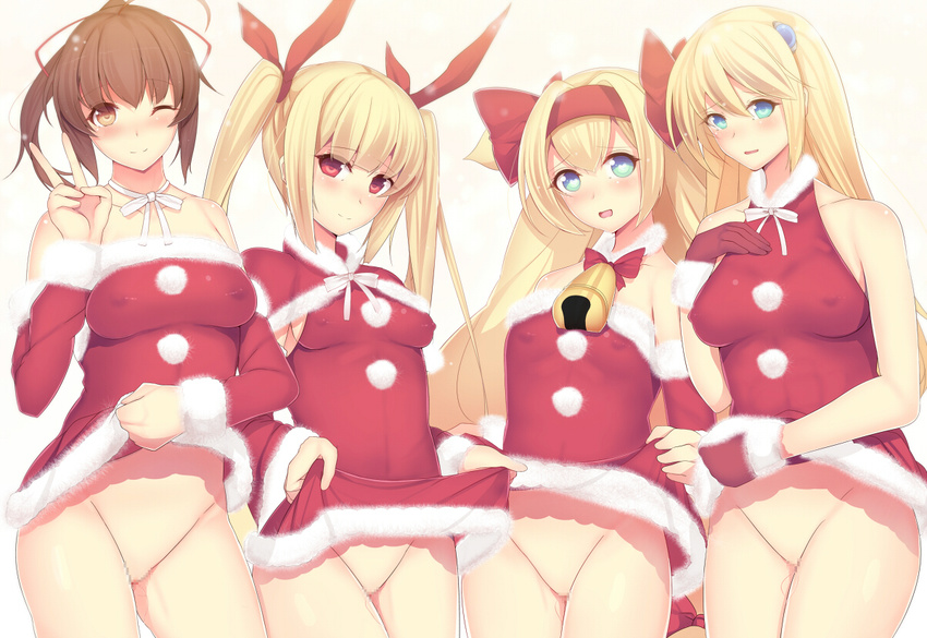 blazblue blonde_hair blush bow breasts brown_eyes brown_hair celica_a_mercury censored covered_nipples daiaru dress dress_lift gloves hair_ribbon lineup long_hair medium_breasts multiple_girls no_panties noel_vermillion one_eye_closed platinum_the_trinity pussy pussy_juice rachel_alucard red_bow red_eyes ribbon santa_costume take_your_pick twintails