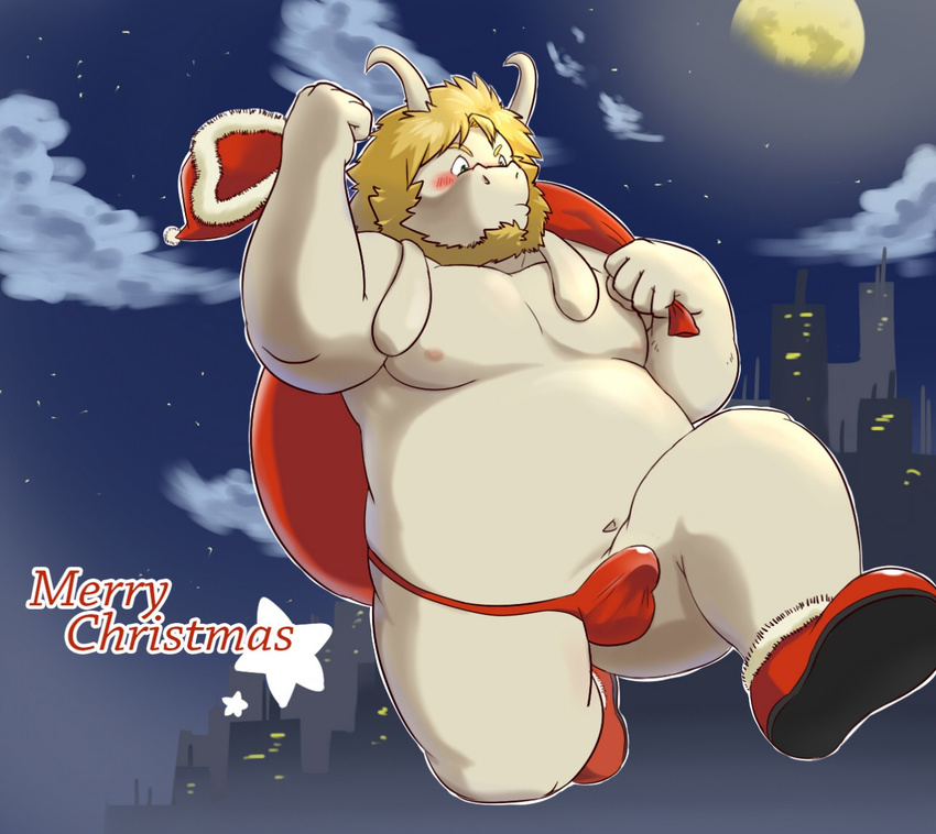 5_fingers anthro asgore_dreemurr beard blonde_hair blush bulge caprine christmas clothing cloud facial_hair footwear fur goat hair holidays horn male mammal moon navel obese overweight shoes solo thong undertale video_games wdh3905 white_fur