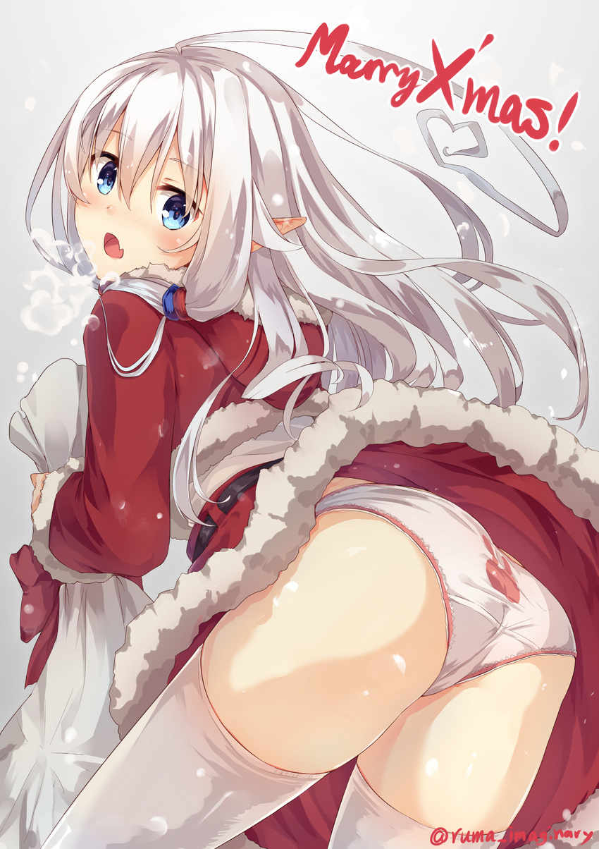 absurdres ahoge animal_print ass back-print_panties blue_eyes blush breath bunny_panties bunny_print christmas crotch_seam heart_ahoge highres huge_ahoge long_hair looking_at_viewer looking_back merry_christmas original panties pink_panties pointy_ears print_panties ruma_imaginary sack santa_costume silver_hair simple_background snowing solo thighhighs twitter_username underwear white_legwear