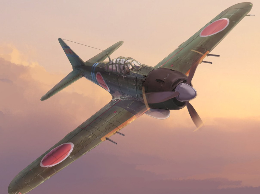 a6m_zero above_clouds aircraft airplane antennae aviator_cap commentary drop_tank fairy_(kantai_collection) flying gun isegawa_yasutaka kantai_collection military propeller revision sky solo type_0_fighter_model_52 weapon