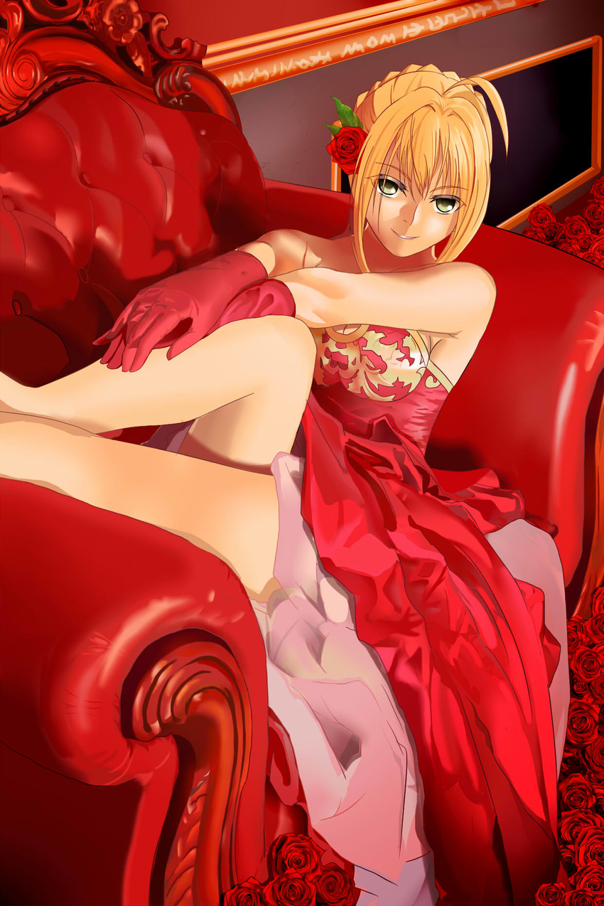 ahoge armchair armpits bare_shoulders blonde_hair chair fate/extra fate_(series) flower gloves green_eyes hair_flower hair_ornament hand_on_leg highres looking_at_viewer nero_claudius_(fate) nero_claudius_(fate)_(all) rose sitting smile solo zenyu