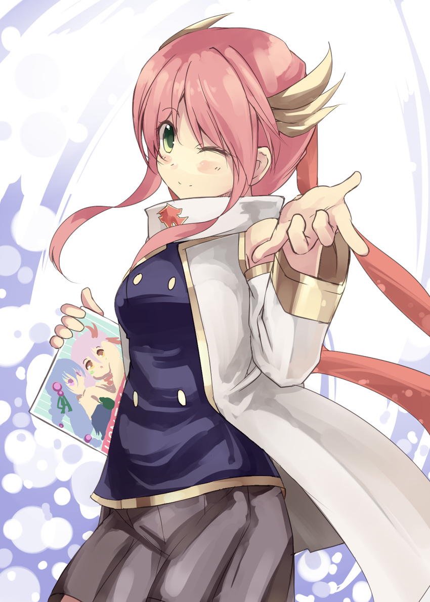 detached_sleeves duel_monster gagaga_clerk gloves highres long_hair looking_at_viewer normaland one_eye_closed pink_hair skirt smile solo thighhighs twintails white_legwear yuu-gi-ou