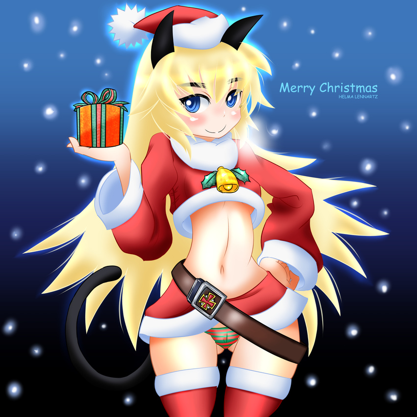 animal_ears belt blonde_hair blue_eyes cat_ears cat_tail character_name christmas cropped_jacket gift green_panties hat helma_lennartz highres long_hair merry_christmas navel panties red_panties santa_hat sketch solo striped striped_panties tail underwear world_witches_series xiao_rui_rui