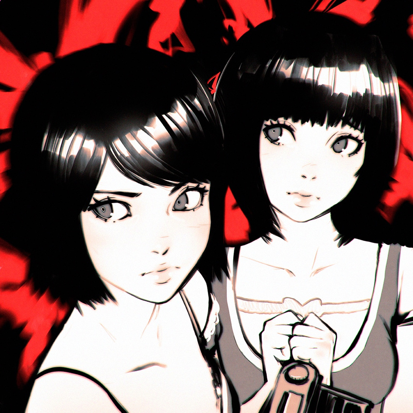 amakura_mayu amakura_mio bangs black_hair blunt_bangs camera chromatic_aberration fatal_frame fatal_frame_2 ilya_kuvshinov multiple_girls same_face short_hair siblings twins