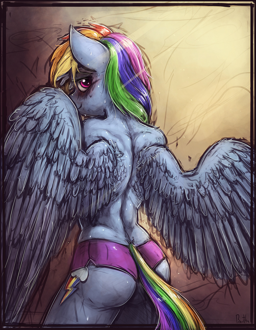 2015 anthro anthrofied bantha blue_fur blush butt clothed clothing cutie_mark equine feathered_wings feathers female friendship_is_magic fur hair half-dressed hi_res looking_at_viewer mammal multicolored_hair my_little_pony pegasus rainbow_dash_(mlp) rainbow_hair smile solo topless wings