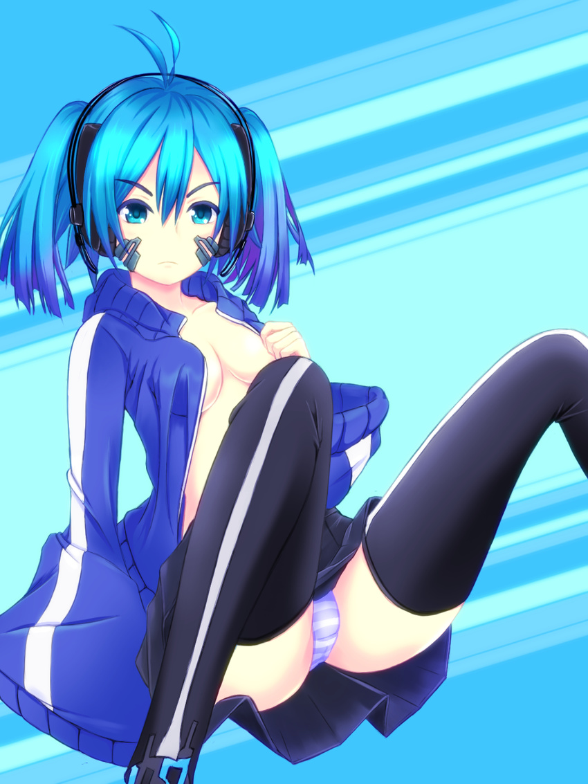 black_legwear black_skirt blue_eyes blue_hair blue_jacket breasts cleavage ene_(kagerou_project) headphones highres jacket kagerou_project looking_at_viewer medium_breasts nonaka_ritsu open_clothes open_jacket panties pleated_skirt skirt solo striped striped_legwear striped_panties thighhighs underwear