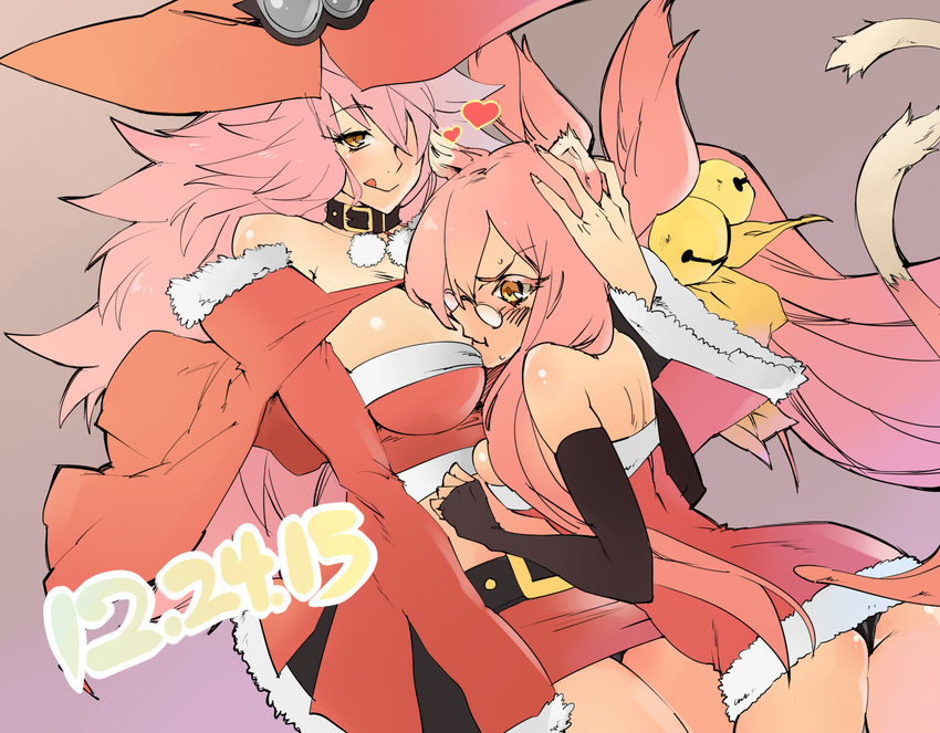 :q animal_ears ass bare_shoulders bell belt black_gloves black_panties blazblue blazblue:_central_fiction blush breasts brown_eyes cat_ears cat_tail collar dated dress elbow_gloves fingerless_gloves gigantic_breasts glasses gloves hat heart hug kenshin187 kokonoe konoe_a_mercury long_hair looking_at_viewer medium_breasts mother_and_daughter multiple_girls panties pantyshot pantyshot_(standing) pink_hair santa_costume smile standing tail tongue tongue_out underwear witch_hat