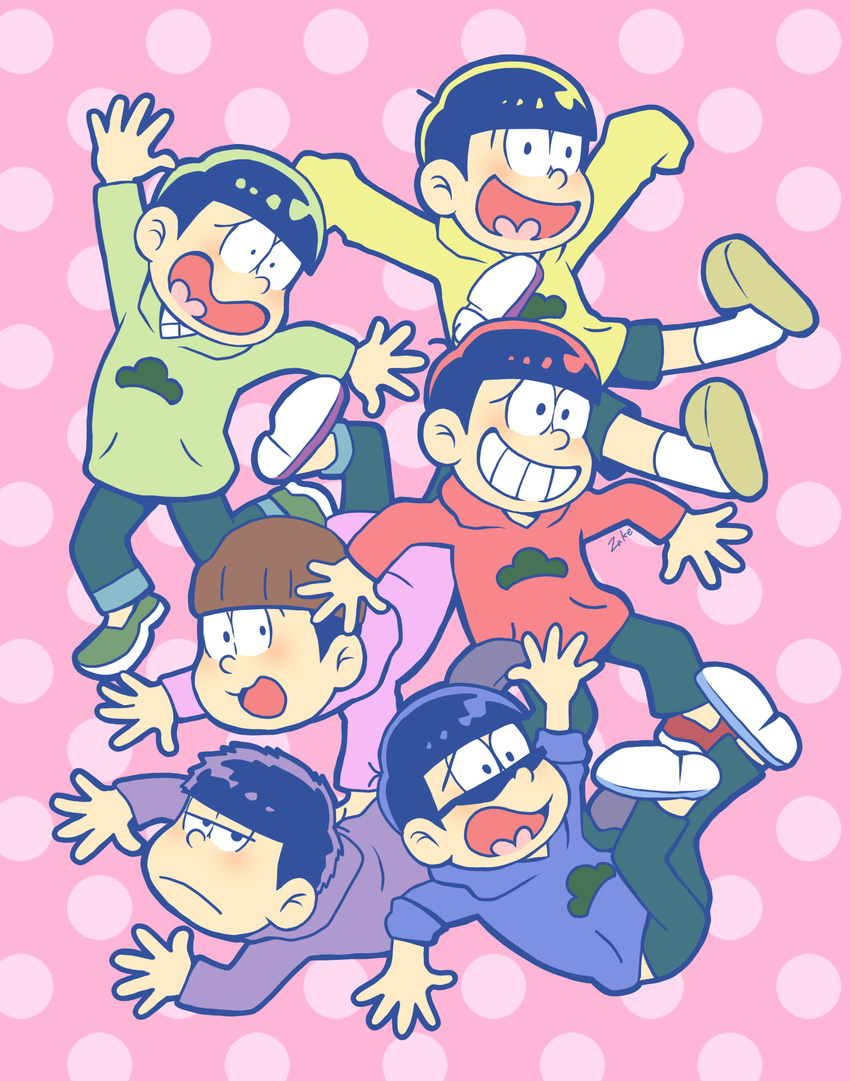 akatsuka_fujio_(style) aph_hero artist_name beanie black_hair brothers derivative_work falling hat heart heart_in_mouth highres hood hoodie jitome male_focus matsuno_choromatsu matsuno_ichimatsu matsuno_juushimatsu matsuno_karamatsu matsuno_osomatsu matsuno_todomatsu messy_hair multiple_boys official_style osomatsu-kun osomatsu-san parody pink_background polka_dot polka_dot_background sextuplets siblings simple_background sleeves_past_wrists sleeves_rolled_up slippers smile socks sunglasses surprised wall-eyed