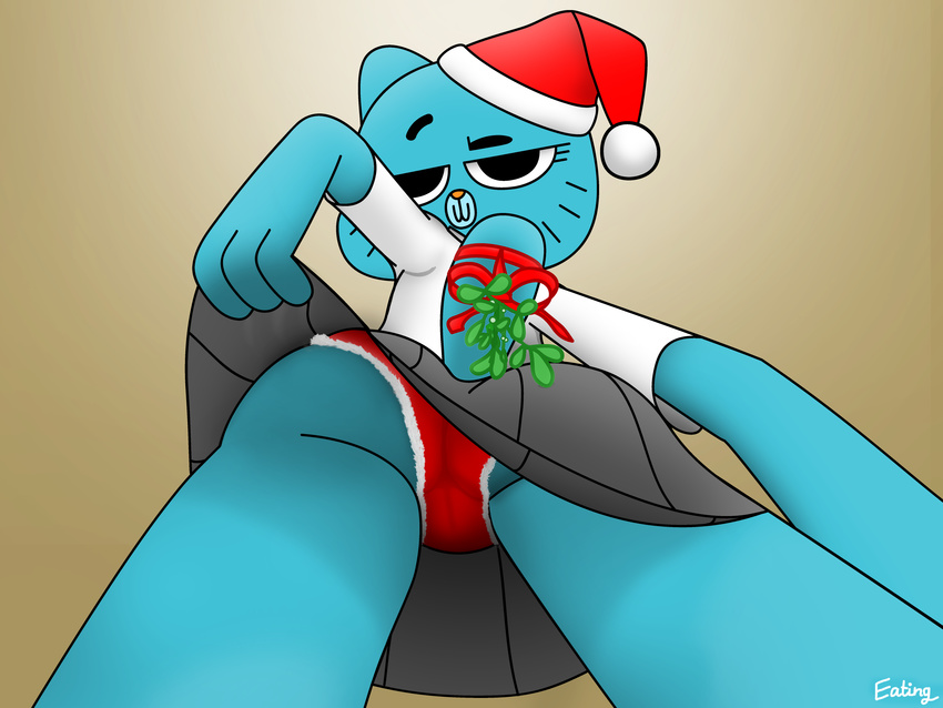 2015 absurd_res anthro blue_fur butt cat christmas clothed clothing digital_media_(artwork) eating eating_(artist) feline female fur hat hi_res holidays imitation looking_at_viewer looking_back mammal mature_female mistletoe mother nicole_watterson panties parent plant red_underwear ribbons simple_background skirt smile solo standing the_amazing_world_of_gumball underwear uniform upskirt