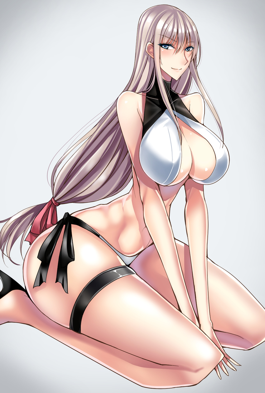 bangs between_legs bikini blue_eyes blush breasts center_opening cleavage closed_mouth elena_vilenskaya from_side full_body gakuen_taisen_valkyries gigantic_breasts gradient gradient_background grey_background groin hair_between_eyes halterneck hand_between_legs high_heels highres hips light_smile long_hair looking_at_viewer low-tied_long_hair mugenshiki navel seiza shoes side-tie_bikini sidelocks silver_hair sitting slender_waist smile solo swimsuit thick_thighs thigh_strap thighs turtleneck v_arms very_long_hair wide_hips