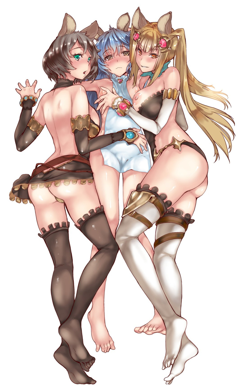 animal_ears areolae arm_warmers ass backless_outfit bare_shoulders black_legwear blue_eyes blush breasts breasts_outside brown_eyes cover covering detached_sleeves erune feet ferry_(granblue_fantasy) girl_sandwich granblue_fantasy green_eyes hair_between_eyes highres katase_minami large_breasts light_brown_hair long_hair looking_at_viewer lying metera_(granblue_fantasy) midriff miniskirt multiple_girls nipples nude_cover on_back on_side on_stomach red_eyes sandwiched short_hair silver_hair simple_background skirt smile sutera_(granblue_fantasy) thighhighs thighs towel twintails wavy_hair wavy_mouth white_background white_legwear