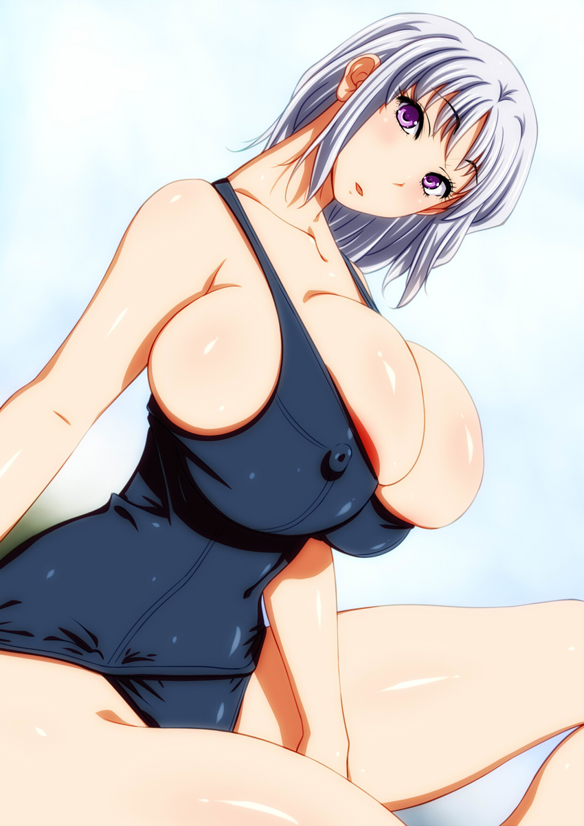 286c breasts bursting_breasts covered_nipples highres huge_breasts looking_at_viewer one-piece_swimsuit original purple_eyes school_swimsuit silver_hair solo swimsuit