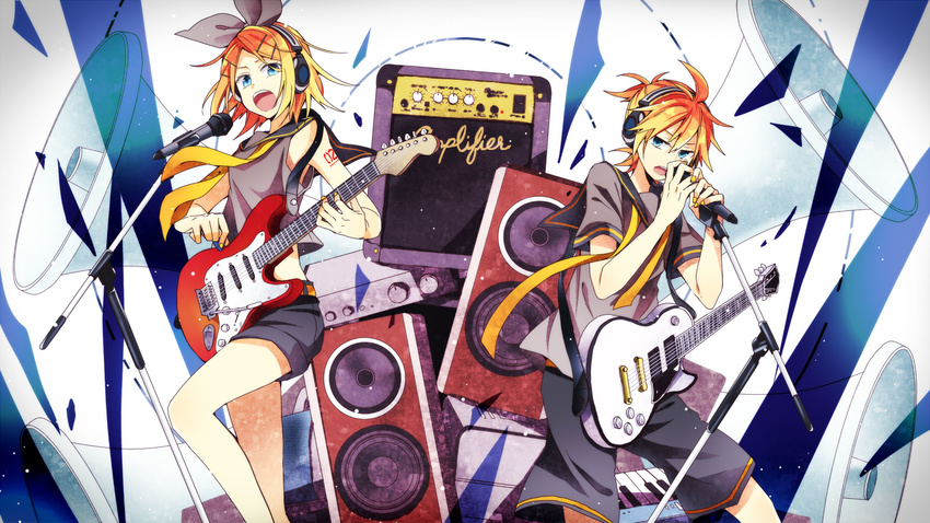 1girl blonde_hair blue_eyes brother_and_sister crop_top crop_top_overhang electric_guitar guitar hair_ornament hair_ribbon hairclip highres instrument kagamine_len kagamine_rin keyboard_(instrument) les_paul microphone microphone_stand midriff open_mouth ribbon ryou_(fallxalice) short_hair shorts siblings speaker stratocaster twins vocaloid whammy_bar wireless