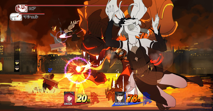 bare_legs battle belt bird black_dress character_name city commentary_request destruction dress dying fake_screenshot fangs fighting fire flame fletchling fourth_wall gameplay_mechanics gen_6_pokemon hat health_bar hms_monarch_(siirakannu) hms_orion_(siirakannu) machinery mashell_(siirakannu) monster ocean open_mouth original parody ponytail roar_(siirakannu) shinkaisei-kan siirakannu silver_hair sleeveless sleeveless_dress smoke splashing super_smash_bros. teeth twintails water yellow_eyes