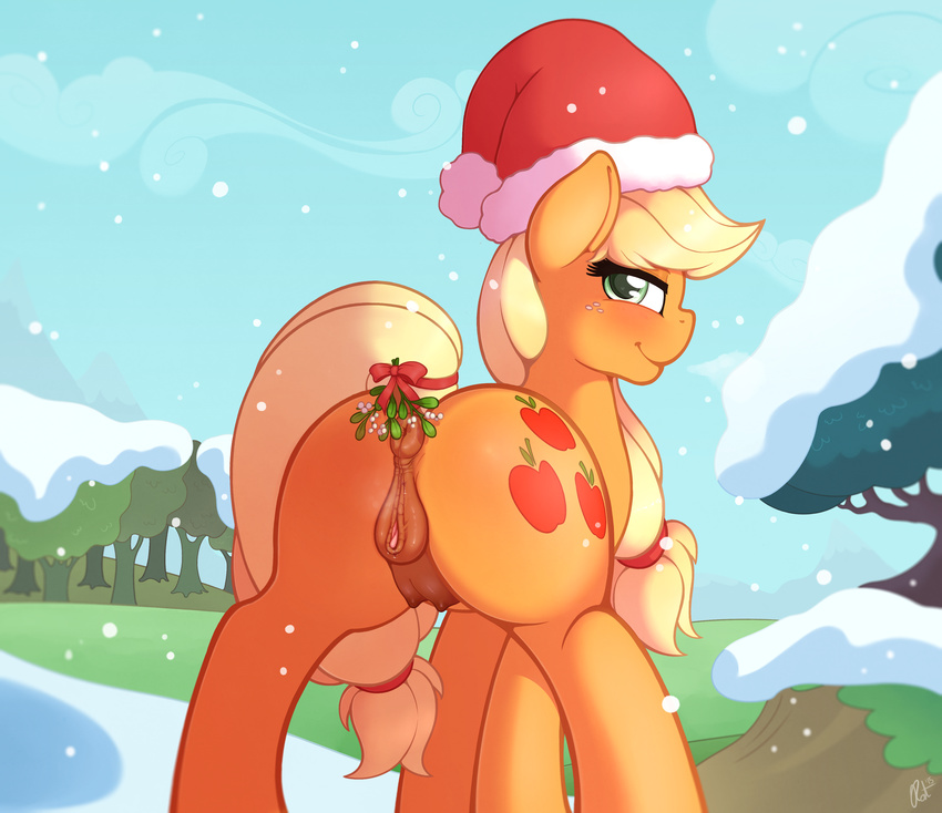2015 absurd_res anatomically_correct anatomically_correct_pussy animal_genitalia anus applejack_(mlp) blonde_hair blush butt christmas cutie_mark earth_pony equine equine_pussy female feral freckles friendship_is_magic green_eyes hair hat hi_res holidays horse long_hair looking_at_viewer mammal mistletoe my_little_pony outside plant pony pussy ratofdrawn santa_hat smile snow solo teats tree
