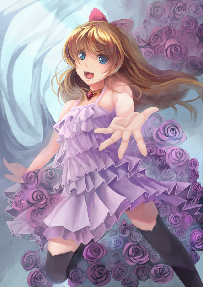 absurdres black_legwear blue_eyes brown_hair dress flower hair_ornament highres jewelry long_hair necklace open_mouth original purple_dress solo thighhighs youxuemingdie zettai_ryouiki