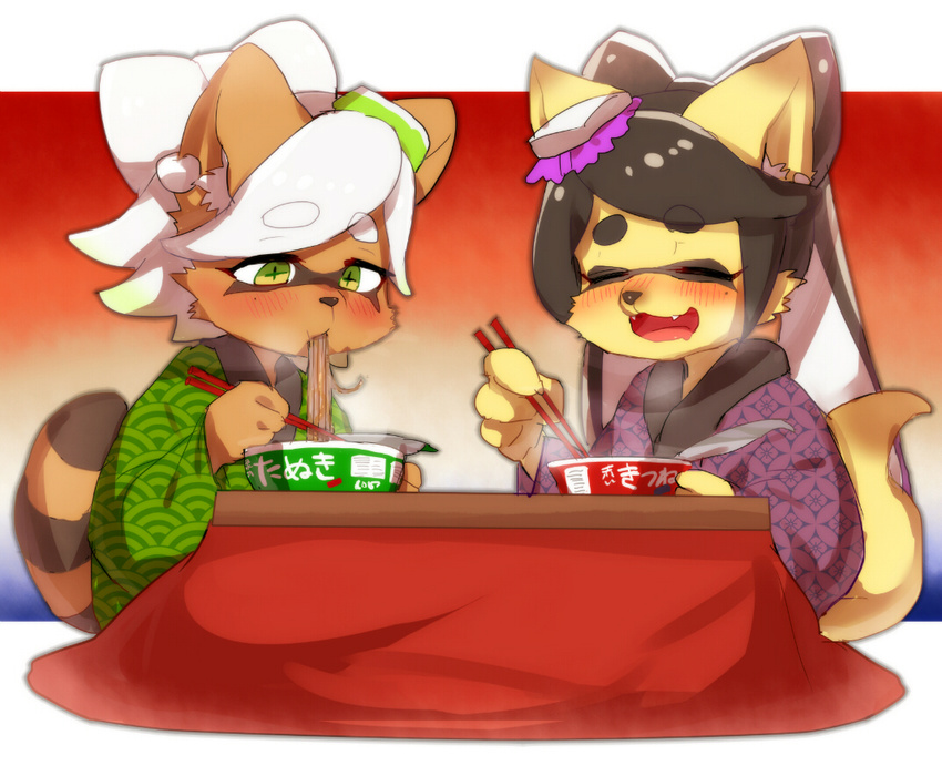 2girls animalization aori_(splatoon) black_hair blush callie_(splatoon) canine clothing duo eating eyes_closed female fox fur furry green_eyes hair hotaru_(splatoon) inside japanese_clothes japanese_clothing ksyaro mammal marie_(splatoon) multiple_girls nintendo open_mouth raccoon smile splatoon table tanuki video_games white_hair yellow_fur