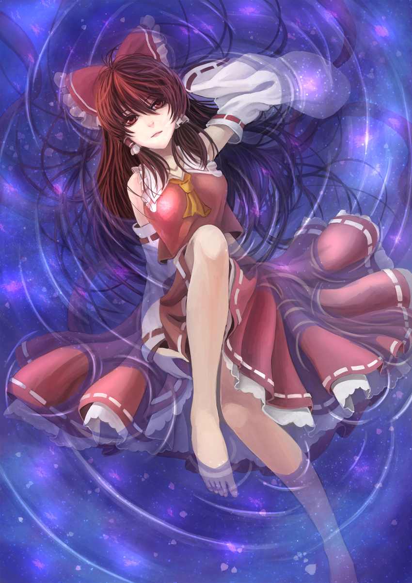 bad_anatomy barefoot brown_hair detached_sleeves from_above hair_ornament hakurei_reimu highres japanese_clothes miko red_eyes red_skirt skirt solo touhou water youxuemingdie