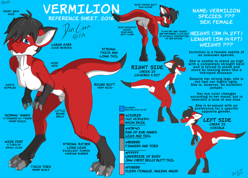 2015 anthro anus big_ears butt butt_heart dinosaur doncoon_(artist) female fur hair invalid_color lizard looking_at_viewer model_sheet playful presenting presenting_hindquarters presenting_pussy pussy raptor red_fur red_skin reptile scalie shy text vermilion_(character)