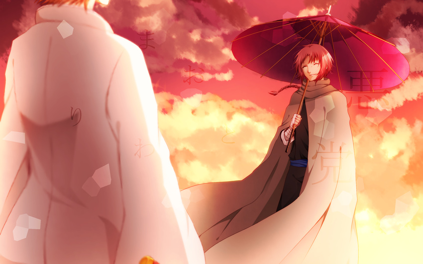 ^_^ ahoge back bandaged_arm bandages braid brown_hair cape chinese_clothes closed_eyes gintama highres holding holding_umbrella japanese_clothes kamui_(gintama) kimono long_hair male_focus md5_mismatch multiple_boys okita_sougo orange_hair oriental_umbrella single_braid smile sunset text_focus tsuki_(t-kei927) umbrella wind