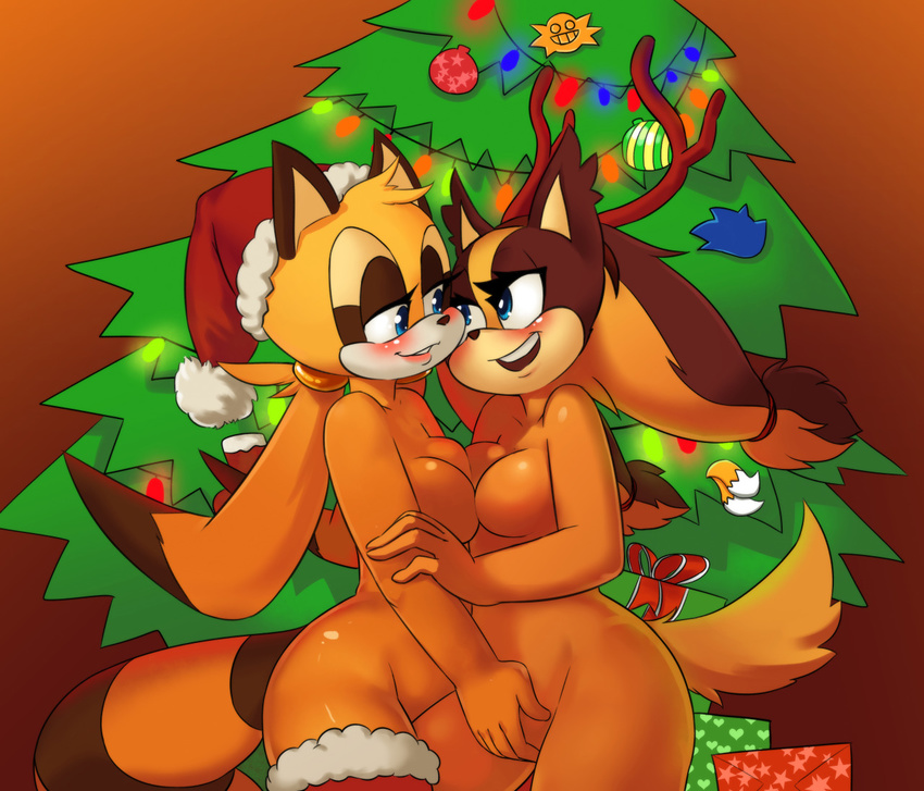 2015 anthro badger blush breast_squish breasts christmas duo eye_contact female female/female fingering holidays mammal mustelid nude smile sonic_(series) sonic_boom sparkydb sticks_the_jungle_badger