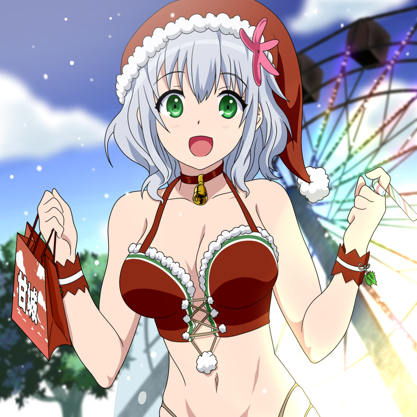 absurdres adapted_costume amagi_brilliant_park bag breasts christmas ferris_wheel galaxyart green_eyes hat highres medium_breasts muse_(amaburi) santa_costume santa_hat shopping_bag short_hair snowing solo