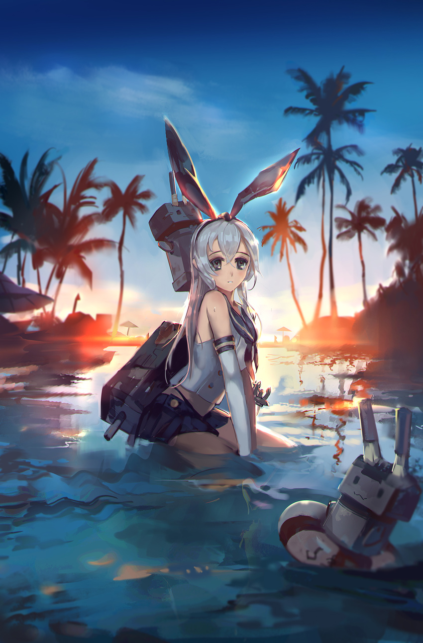 :3 backlighting bad_id bad_pixiv_id beach_umbrella black_bow black_panties blonde_hair blue_skirt blue_sky blurry bow elbow_gloves gloves grey_eyes hairband highleg highleg_panties highres kantai_collection lifebuoy long_hair looking_at_viewer machinery midriff outdoors palm_tree panties partially_submerged pleated_skirt rabbit_(tukenitian) reflection rensouhou-chan shimakaze_(kantai_collection) sitting skirt sky sleeveless solo striped striped_legwear sunrise thighhighs tree tropical umbrella underwear water white_gloves