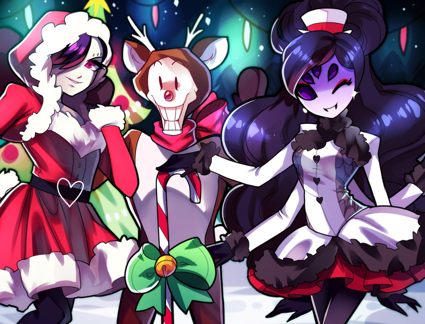 1girl 2boys alternate_costume alternate_hair_length alternate_hairstyle android antlers black_hair black_legwear black_scarf bow candy candy_cane christmas christmas_lights crossdress crossdressing dress extra_arms extra_eyes green_bow grin hat hat_ribbon heart hood insect_girl long_hair mettaton mettaton-ex muffet multiple_arms multiple_boys night one_eye_closed one_eye_covered pantyhose papyrus_(undertale) purple_eyes red_nose red_ribbon ribbon rotodisk rudolph_the_red_nosed_reindeer santa_costume scarf short_hair skeleton skirt smile snow trap undertale white_hat