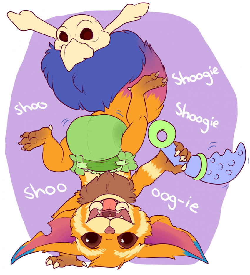 big_tail black_eyes carnival-tricks claws cub diaper fangs fur gnar_(lol) happy hi_res league_of_legends male pawpads paws skull solo text upside_down video_games young