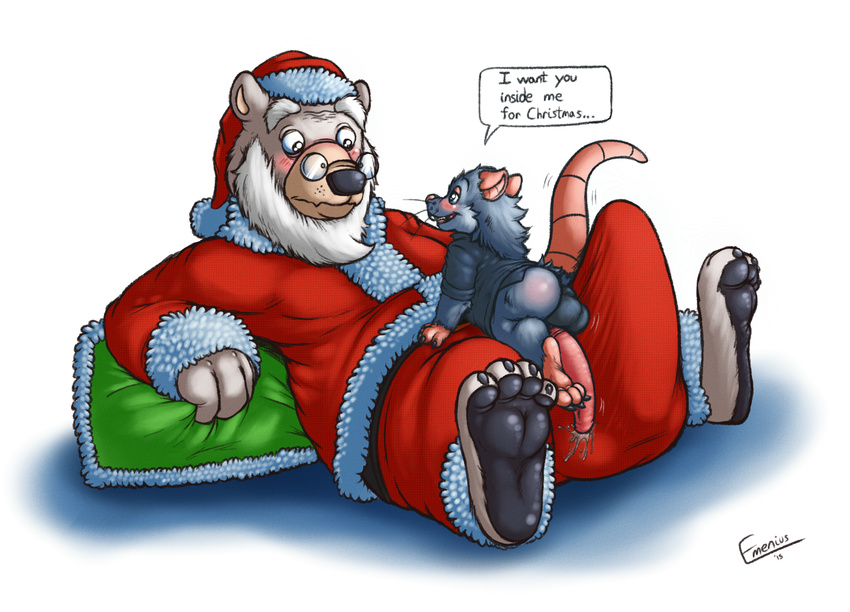 anthro balls barefoot bear beard big_penis blush bottomless butt chipp christmas clothed clothing digital_media_(artwork) duo emenius eye_contact eyewear facial_hair glasses half-dressed hat holidays lying male male/male mammal on_back on_lap on_top penis penis_backwards precum raised_tail rat rear_view reclining rodent santa_claus santa_hat seductive signature size_difference stare tenting whiskers