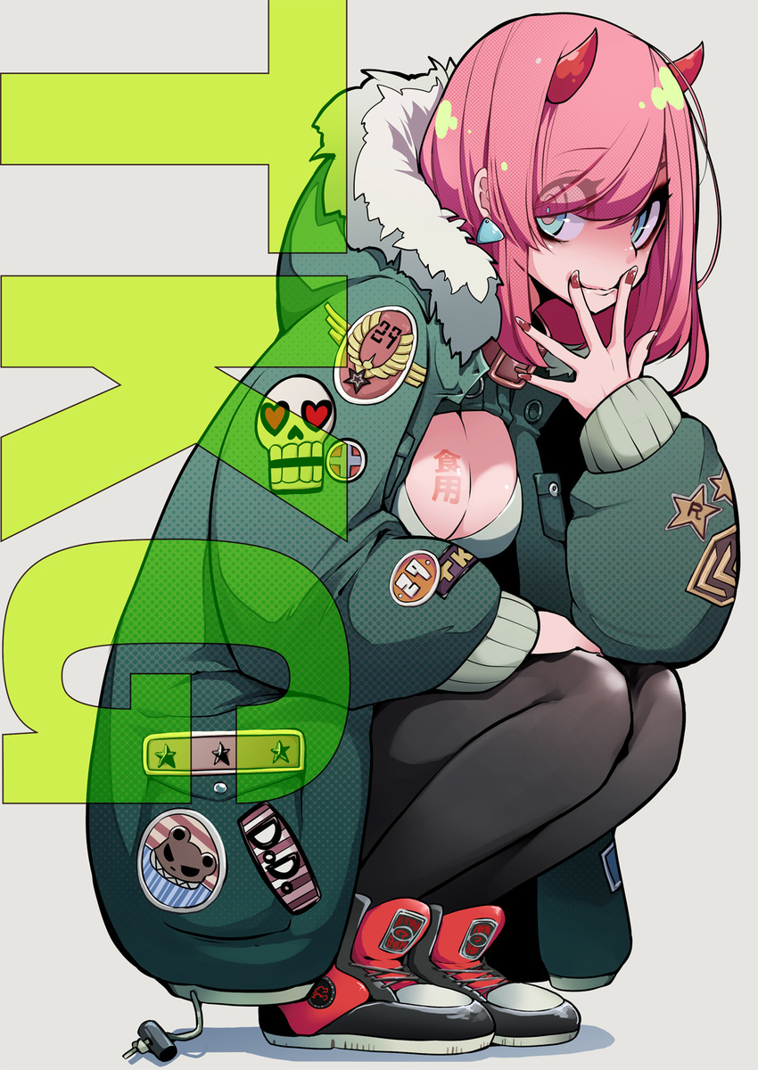 black_legwear blue_eyes breasts cleavage collar ear_tag full_body grey_background highres hood hood_down hooded_jacket horns jacket medium_breasts nail_polish original pink_hair red_nails shoes simple_background smile sneakers solo squatting takagi_(tansuke) tansuke