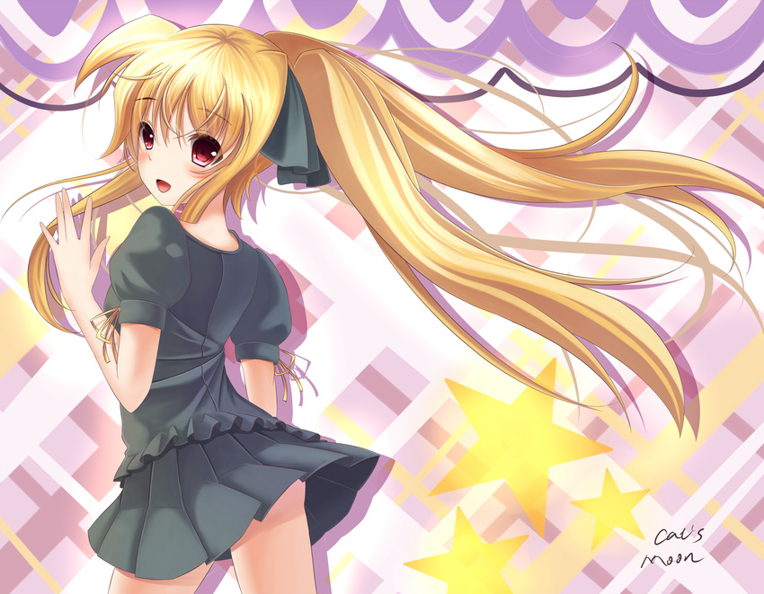 black_ribbon black_skirt blonde_hair fate_testarossa hair_ribbon highres long_hair lyrical_nanoha mahou_shoujo_lyrical_nanoha open_mouth pleated_skirt red_eyes ribbon skirt solo youxuemingdie