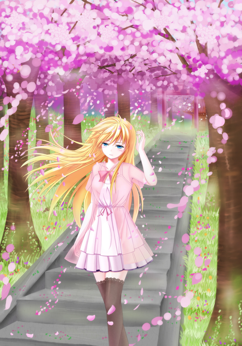 absurdres arm_at_side arm_up bangs black_legwear blonde_hair blue_eyes blush bow cherry_blossoms collarbone dress eyebrows_visible_through_hair grass highres lace lace-trimmed_thighhighs long_hair original outdoors petals pink_bow pink_dress see-through short_sleeves sleeveless sleeveless_dress solo stairs thighhighs torii tree very_long_hair walking wind youxuemingdie zettai_ryouiki