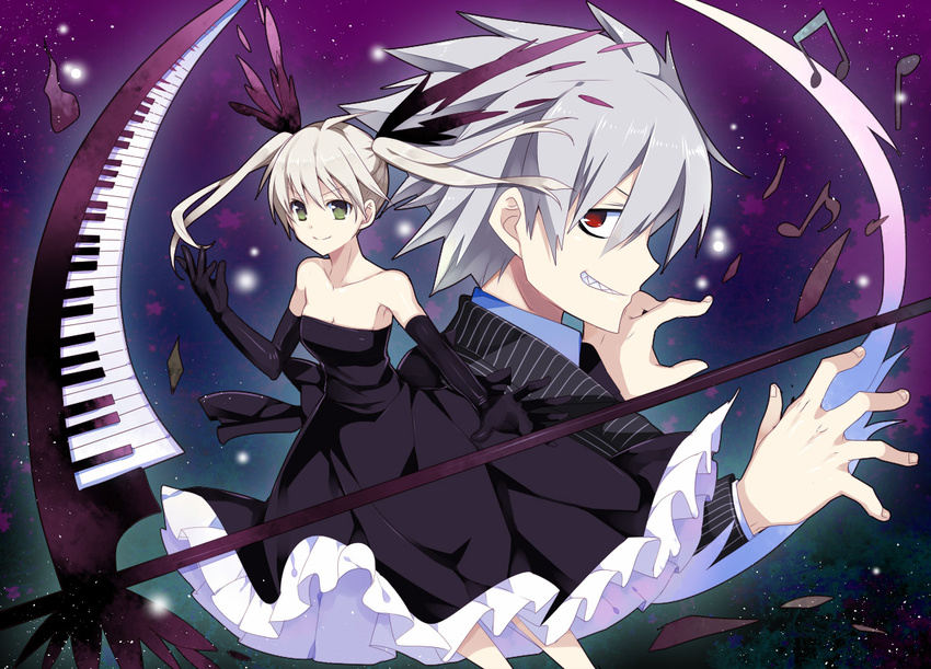 1girl bare_shoulders beamed_eighth_notes black_dress black_gloves blonde_hair dress eighth_note elbow_gloves formal frilled_dress frills gloves green_eyes grin long_hair maka_albarn musical_note night night_sky piano_keys profile quarter_note red_eyes scythe sharp_teeth silver_hair sky smile soul_eater soul_eater_(character) spoilers strapless strapless_dress suit sumomo_(peach-breath) teeth twintails