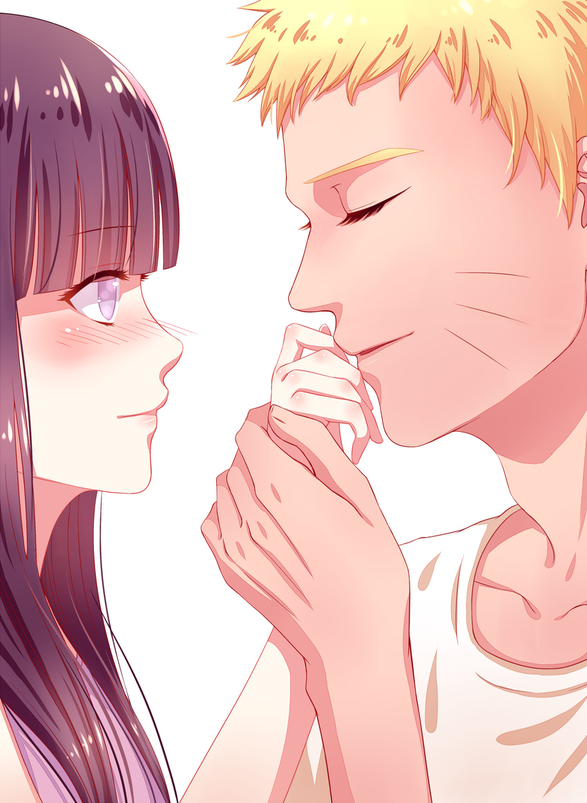 1girl bad_id bad_pixiv_id black_hair blonde_hair blush boruto:_naruto_next_generations facial_mark from_side hand_kiss haneru hetero highres hyuuga_hinata kiss long_hair naruto naruto_(series) purple_eyes short_hair smile uzumaki_naruto white_background