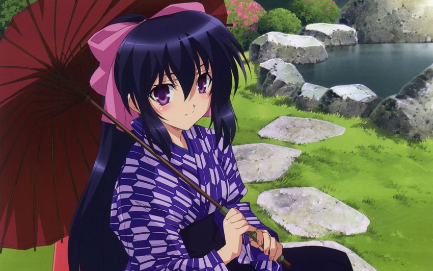 blue_hair blush bow grass hair_between_eyes hair_bow highres isono_satoshi japanese_clothes kimono long_hair long_sleeves meiji_schoolgirl_uniform noihara_himari official_art omamori_himari oriental_umbrella outdoors parasol pink_bow plant pond ponytail purple_eyes rock sash sitting smile solo umbrella upper_body very_long_hair yagasuri