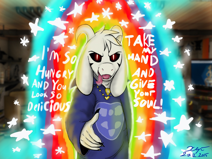 2015 anthro asriel_dreemurr boss_monster caprine fur goat hair imminent_vore looking_at_viewer male mammal monster solo undertale video_games vore xyi