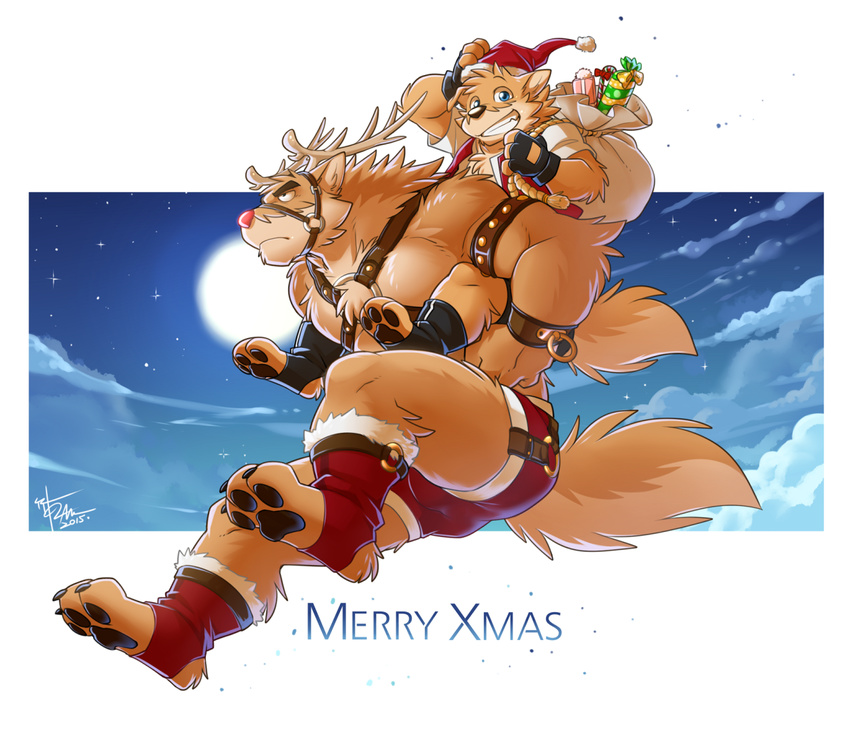 2015 anthro antlers athletic bag biceps big_muscles blue_eyes boots bridle canine christmas claws clothed clothing cute detailed_background dog english_text fingerless_gloves footwear fur furgonomics gift gloves harness hat holidays horn male male/male mammal moon muscular muscular_male pawpads piggyback red_nose santa_hat shirt shorts size_difference sky smile star studded_armband takemoto_arashi tan_fur text toe_claws wristband