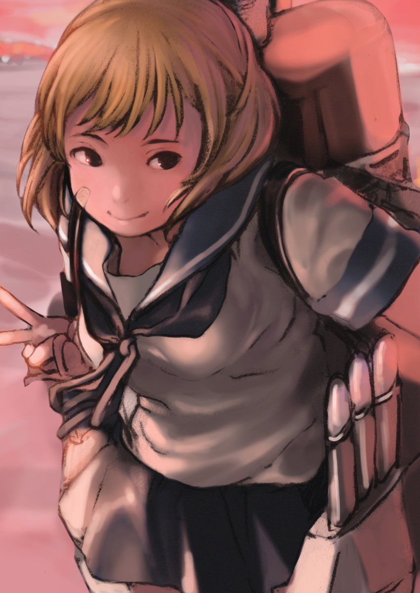 absurdres bad_id bad_twitter_id bandaid bandaid_on_face blonde_hair commentary_request do_(artist) highres kantai_collection looking_to_the_side oboro_(kantai_collection) school_uniform serafuku short_hair skirt smile smokestack solo v